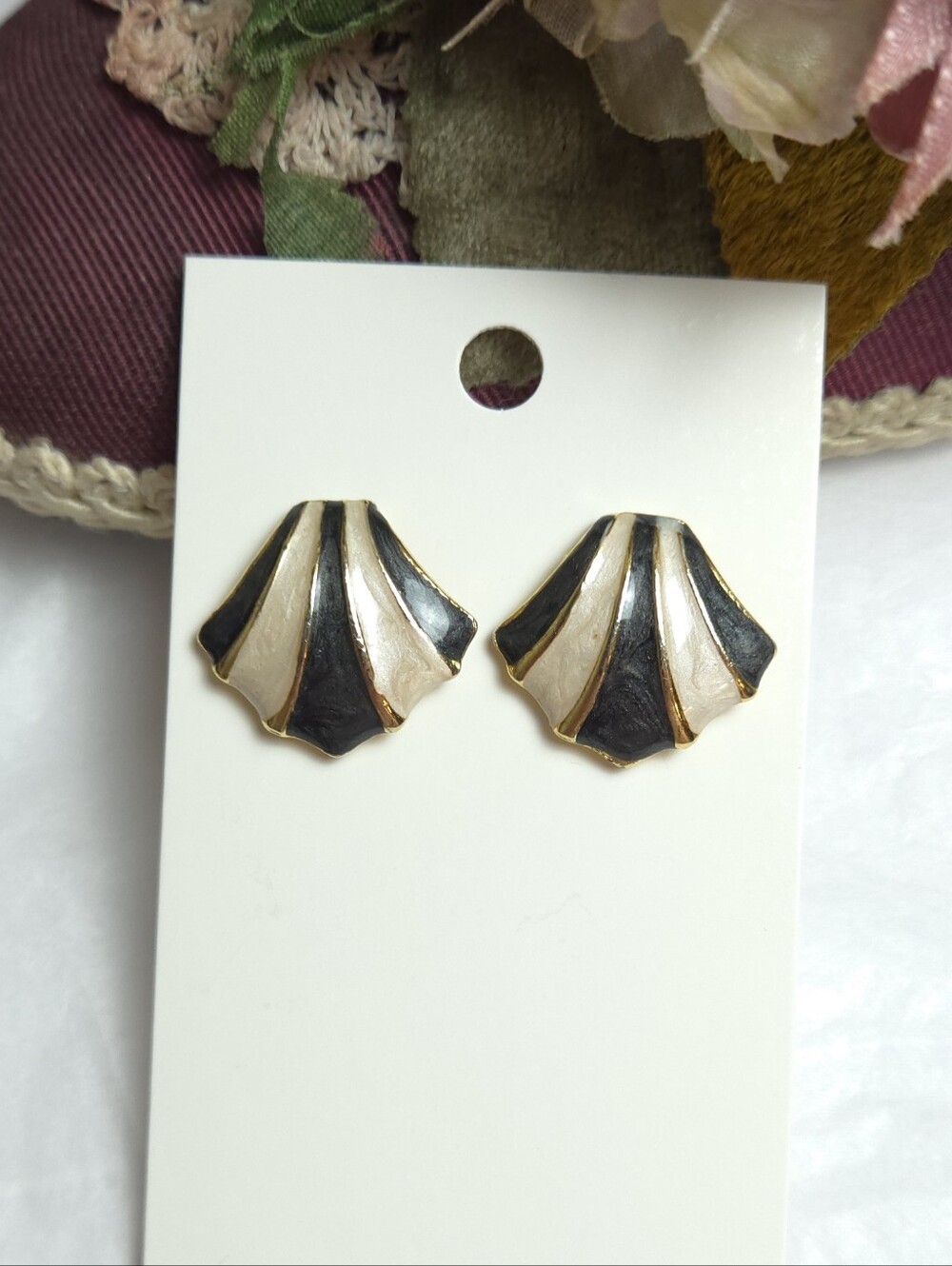 Vintage Bijoux Black & White Swirl Enamel Gold Plated Earrings Signed